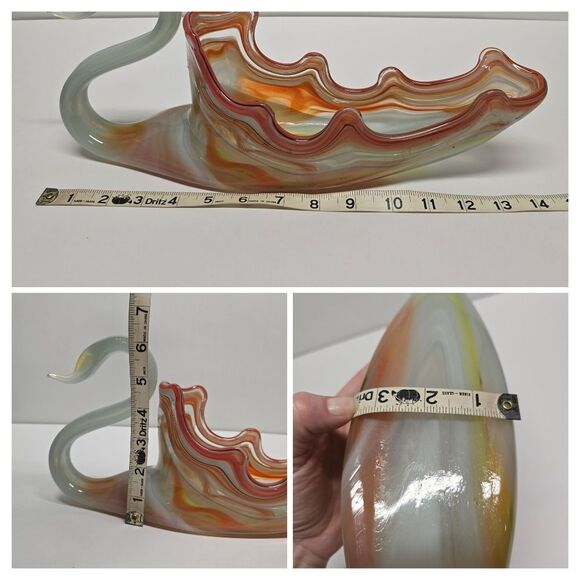 Vintage Sooner Glass Swan Bowl Hand Blown Vase MCM Orange Blue Large - Picture 8 of 9